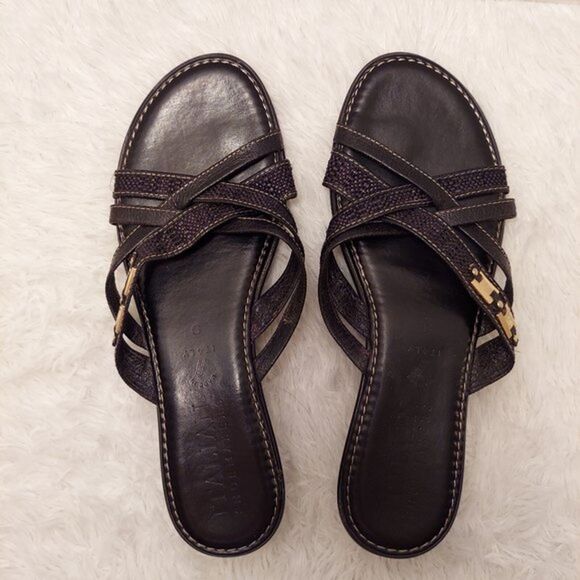 Womens Strappy Sandals Size 9 Made in Italy Black Leather Slip On 1.5" Wedge - Picture 11 of 12